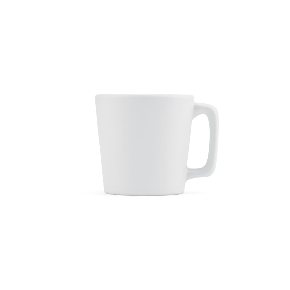 A ceramic mug in a matte white finish, featuring a curved shape and a single handle. Holds 75ml and has a logo.