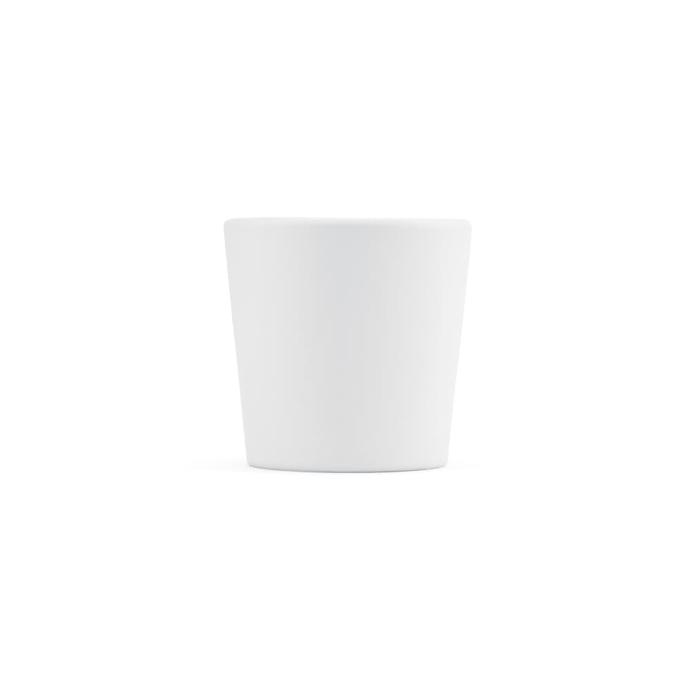 A white ceramic mug with a matt finish, featuring a simple design and a logo.