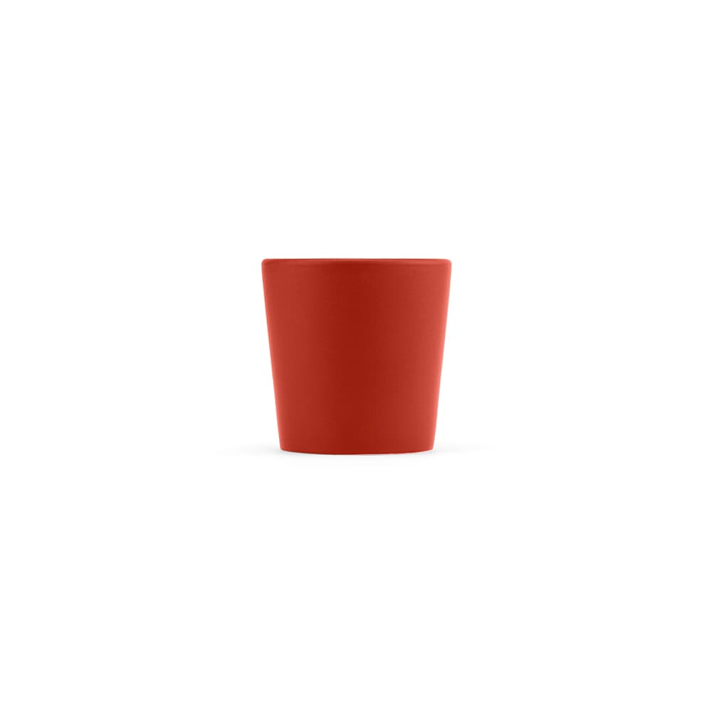 A ceramic mug with a matte finish in a vibrant red colour, featuring a simple design and a logo.