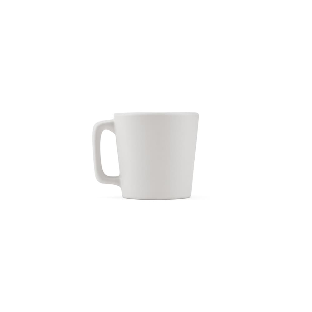 A ceramic mug with a matte white finish, featuring a simple design and a sturdy handle.