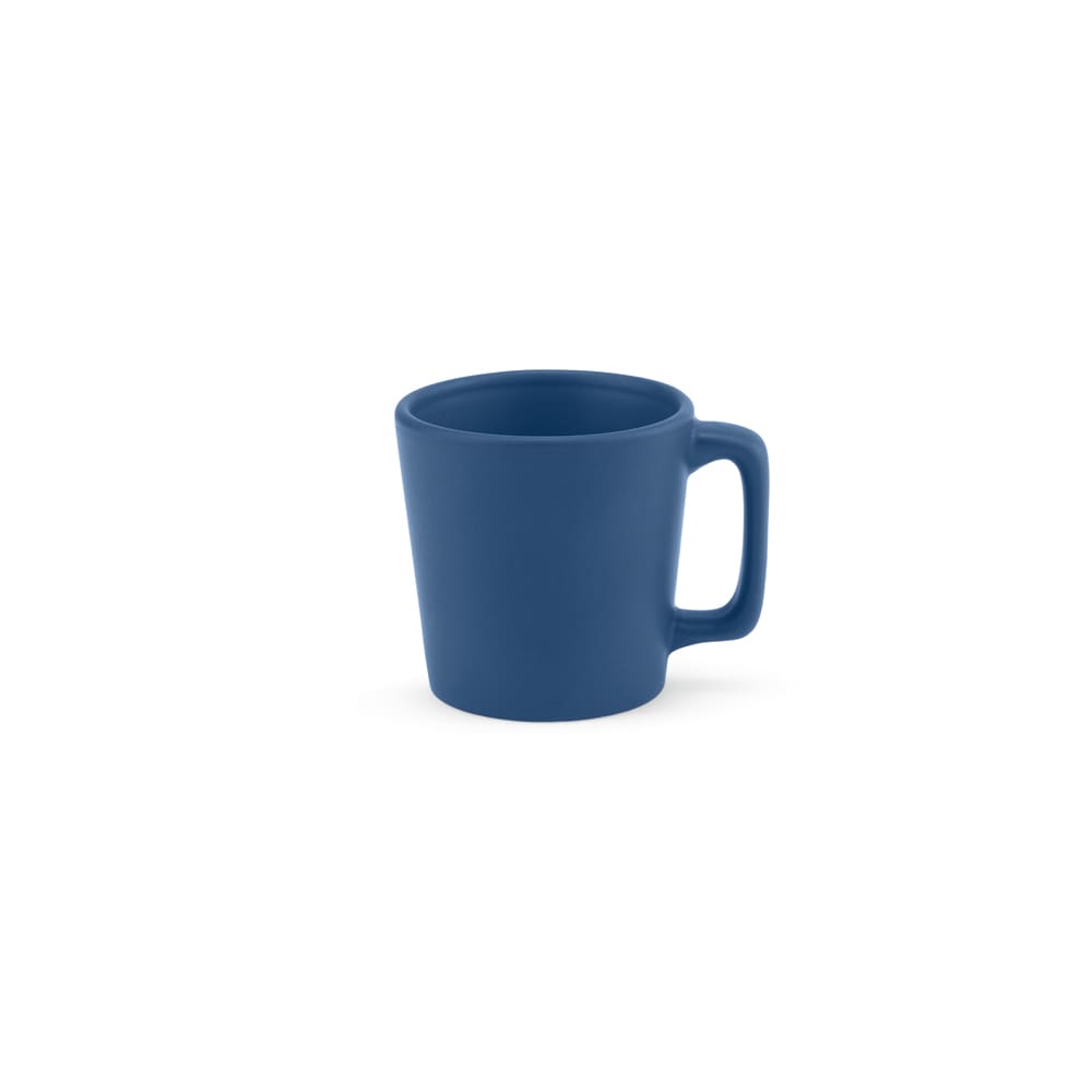 A ceramic mug with a matt finish in a deep blue colour, featuring a handle and a branding logo.