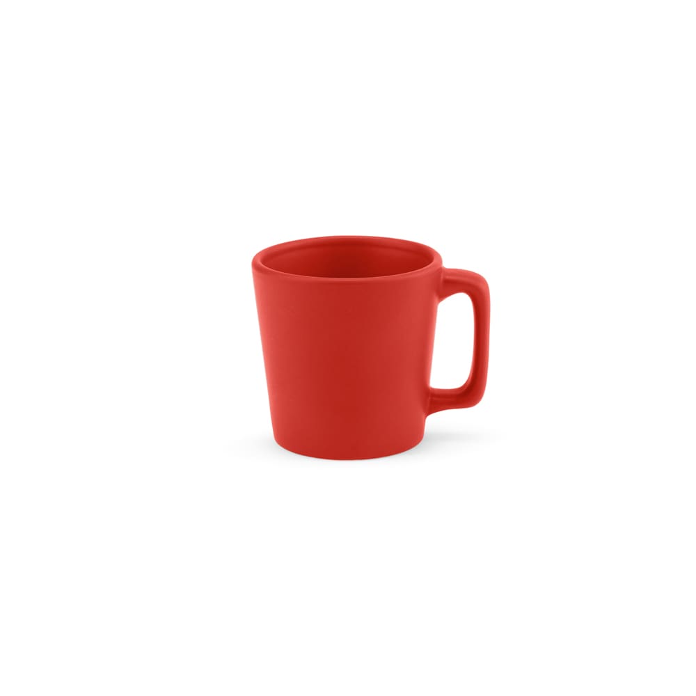 A ceramic mug in a vibrant red matte finish, featuring a sturdy handle and a capacity of 75ml.