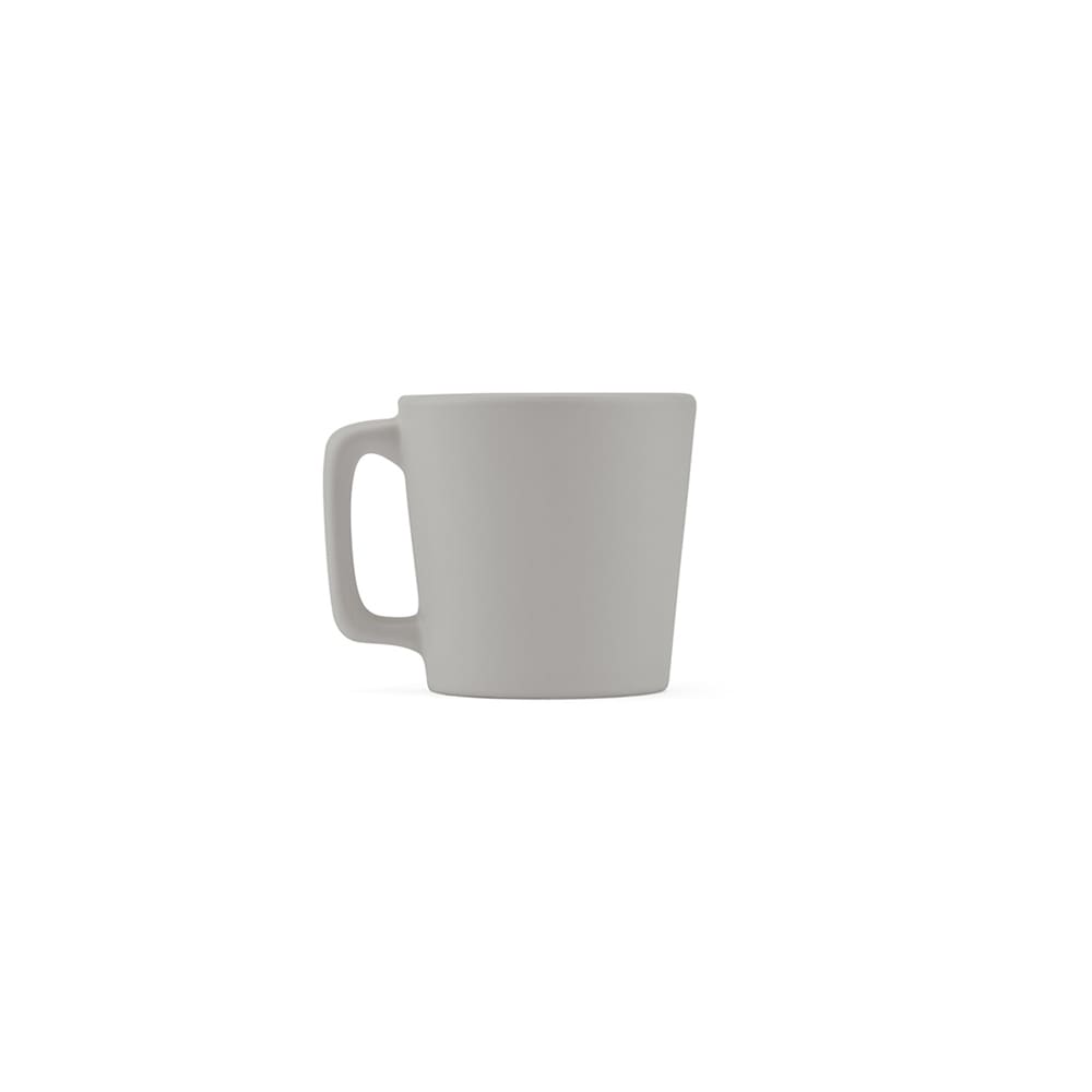 A matte grey ceramic mug with a handle, featuring a simple, modern design.