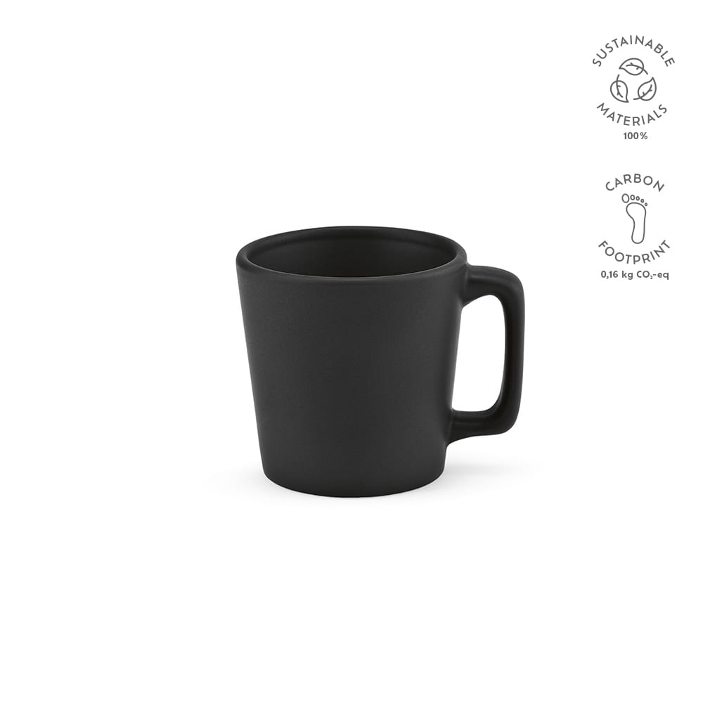 A matte black ceramic mug with a handle, featuring a logo and sustainable materials branding. Holds 75ml.