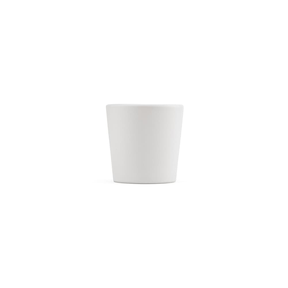 A ceramic mug with a matte white finish, featuring a simple design and a logo. Holds 75ml.