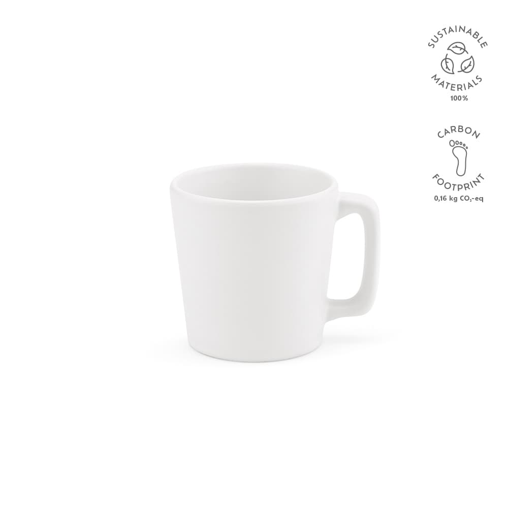 A white ceramic mug with a matte finish, featuring a handle and an understated design.