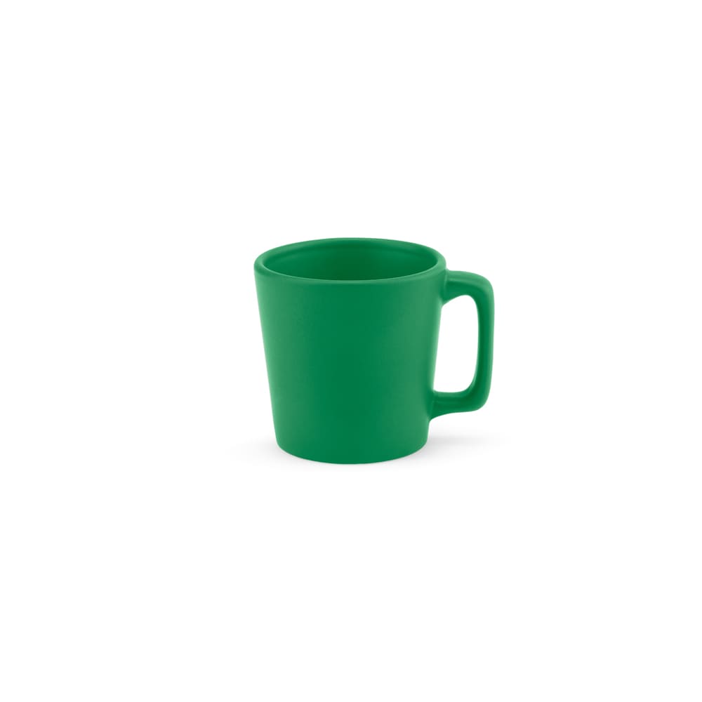 A green ceramic mug with a matt finish and a comfortable handle, measuring 75ml in capacity.