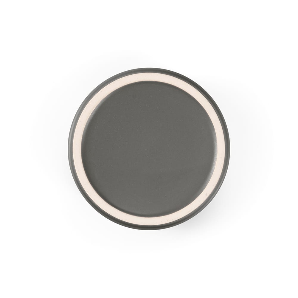 A ceramic mug in a matte grey finish with a white rim, featuring a logo. Holds 340ml.