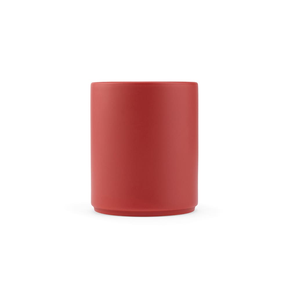 A ceramic mug in a matte finish, featuring a round shape and a vibrant red colour with a logo. Holds 340ml.