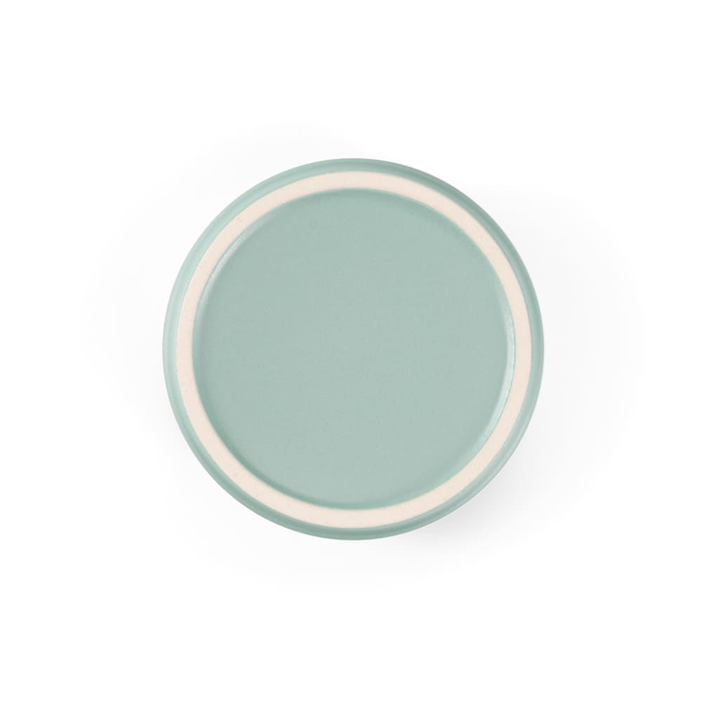 A ceramic plate with a soft mint green finish and a white rim. It has a smooth, glossy surface.