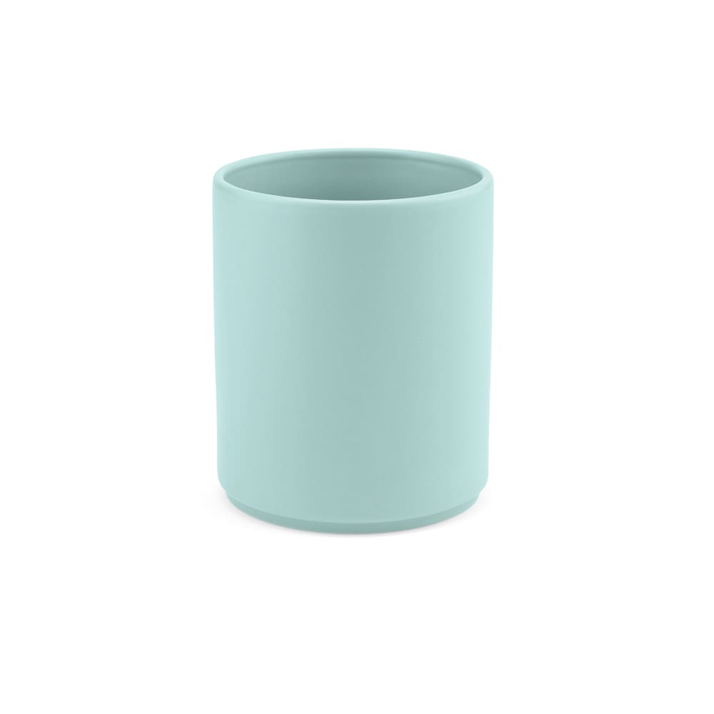 A ceramic mug in a soft matte mint green finish, featuring a round shape and no handles. It has a branding logo.