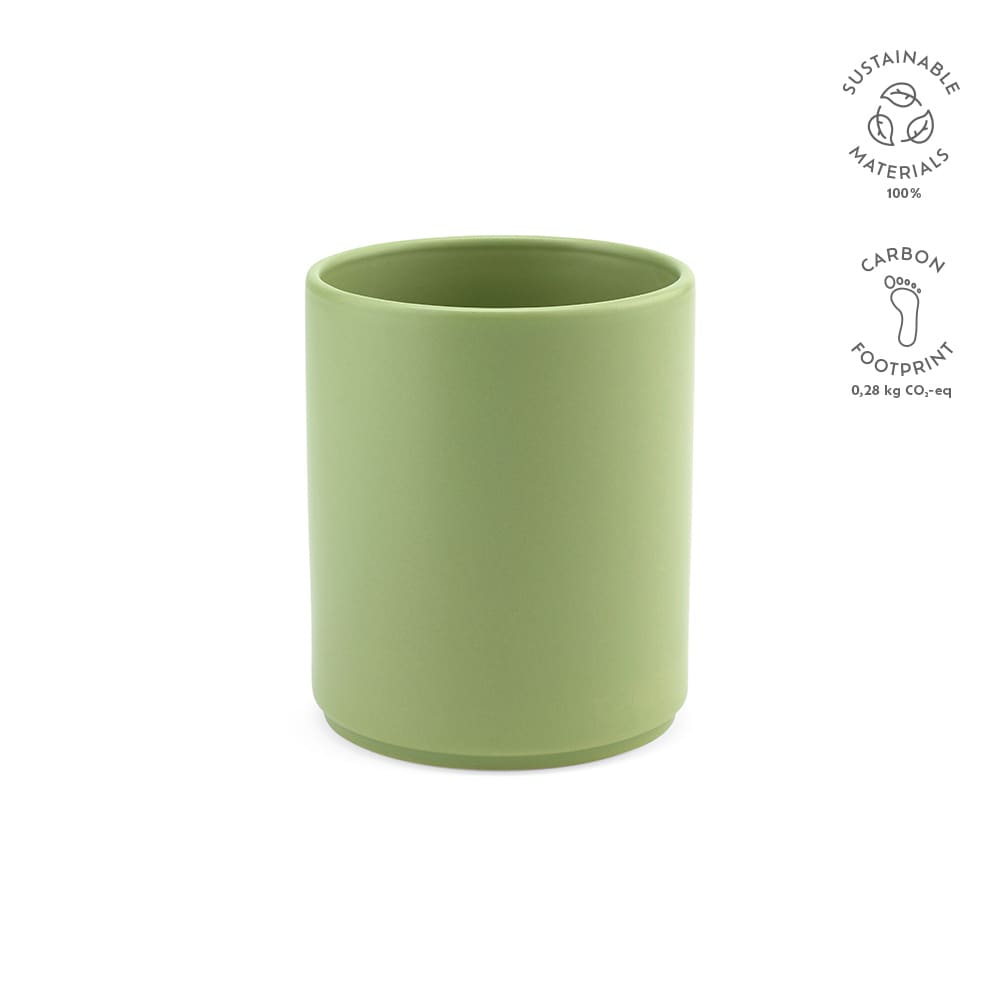 A ceramic mug in a matte green finish, featuring a simple design and a logo on the side.