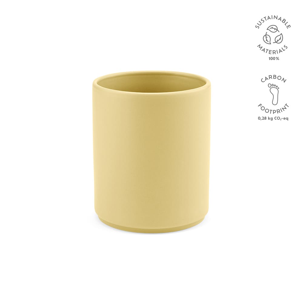 A ceramic mug in a matte yellow finish, featuring a smooth texture and a simple design. Contains a logo.