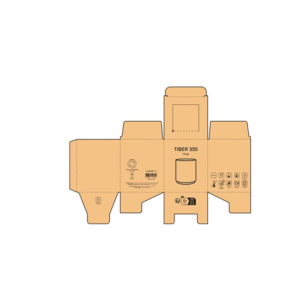 A cardboard box design for the Tiber 350 Mug, featuring a ceramic mug illustration with a matt finish.