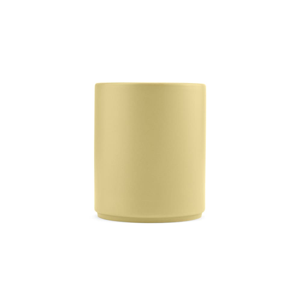 A ceramic mug with a matt finish, featuring a solid light yellow colour and a sleek, cylindrical shape.