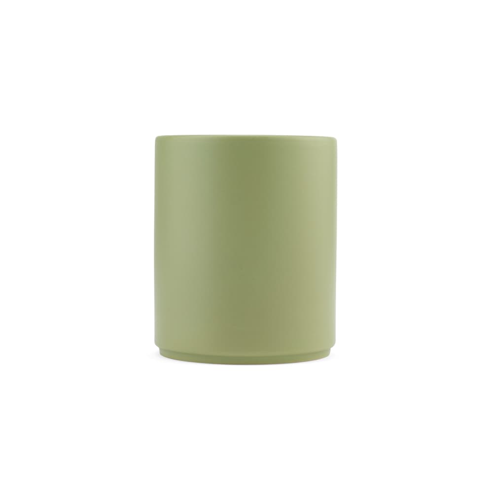 A ceramic mug in a matte green finish, with a cylindrical shape and a smooth surface. Features a logo.