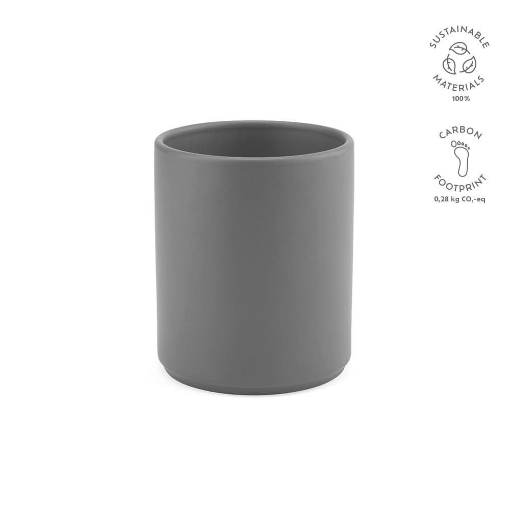 A ceramic mug in a matte grey finish, featuring a simple design and a logo. Holds 340ml.