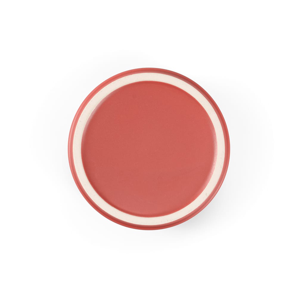 A round ceramic plate with a matte terracotta finish and a white rim. It has a smooth surface and a simple design.