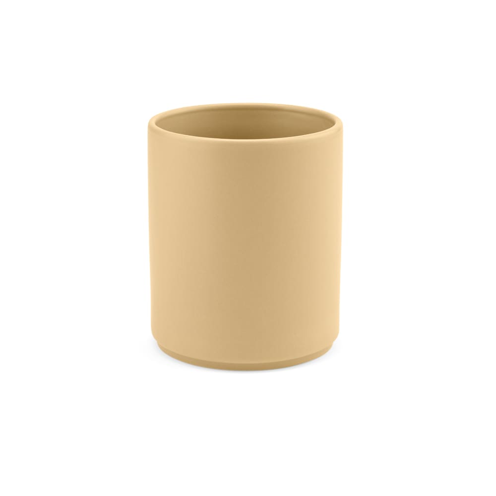 A ceramic mug in a matte finish, featuring a soft beige colour, with a simple rounded design and a logo.
