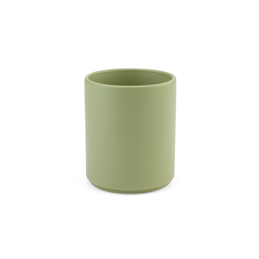 A drink mug in a matte green finish, made of ceramic, with a capacity of 240ml. It features a simple design and a logo.