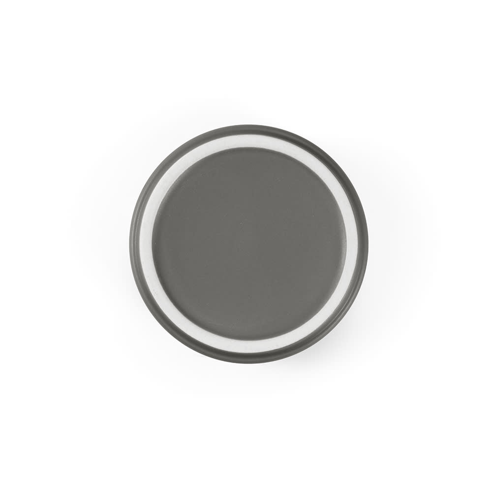 A ceramic mug with a matt grey finish and a white rim, featuring a logo on one side. 
