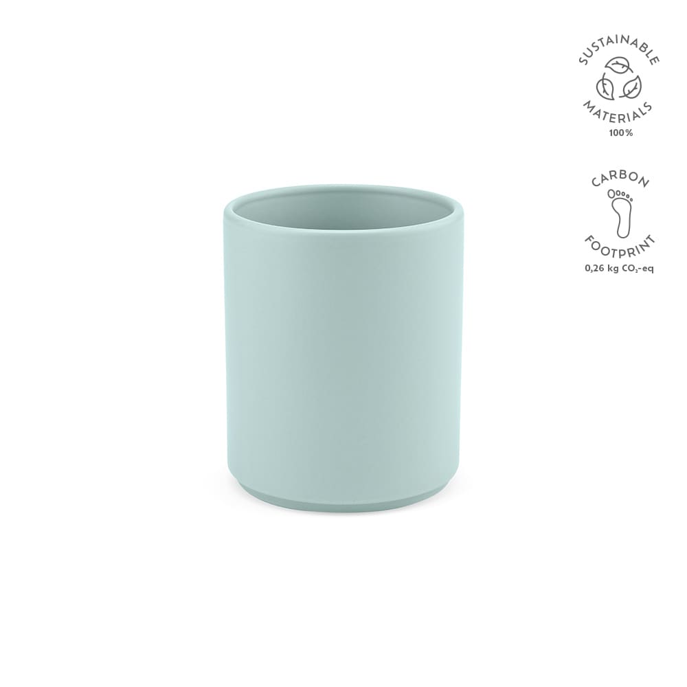 A ceramic mug with a matte finish in light blue, featuring a simple design and a logo.