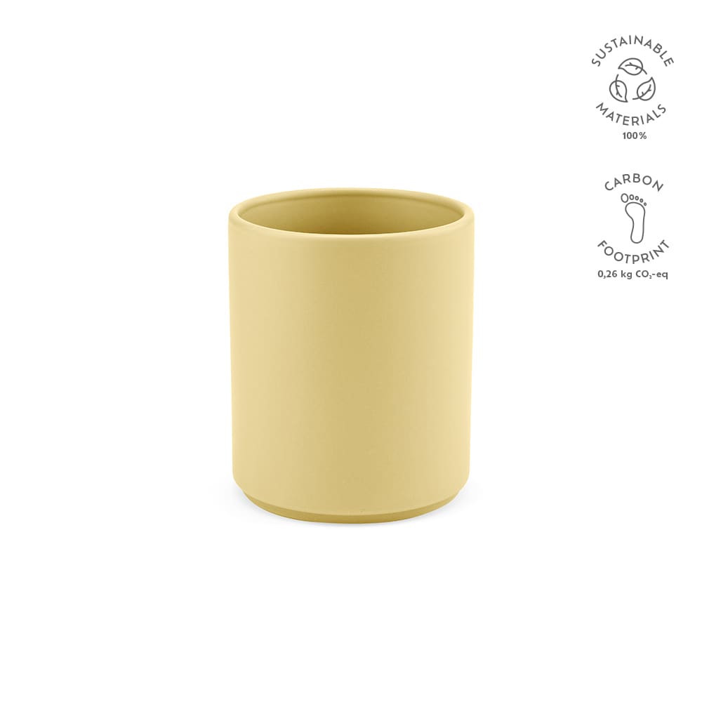 A ceramic mug in a soft yellow matt finish, featuring a simple design and a logo.