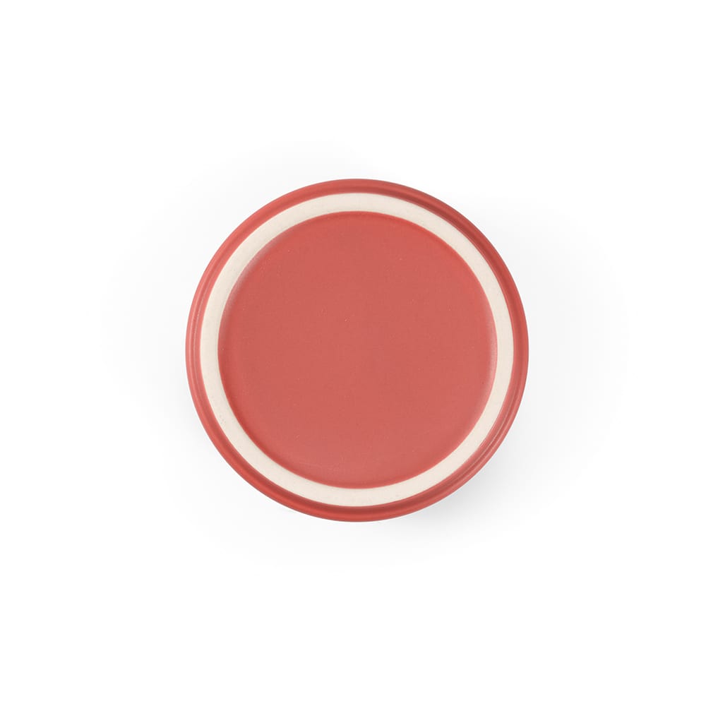 A plate with a matte red finish and a white rim. It has a smooth, round surface and no visible branding.