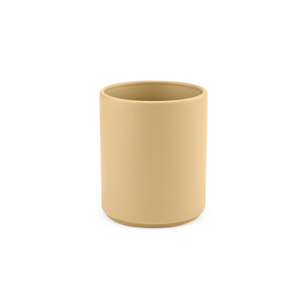 A ceramic mug with a matte finish, featuring a neutral beige colour and a round design. It has a logo on it.