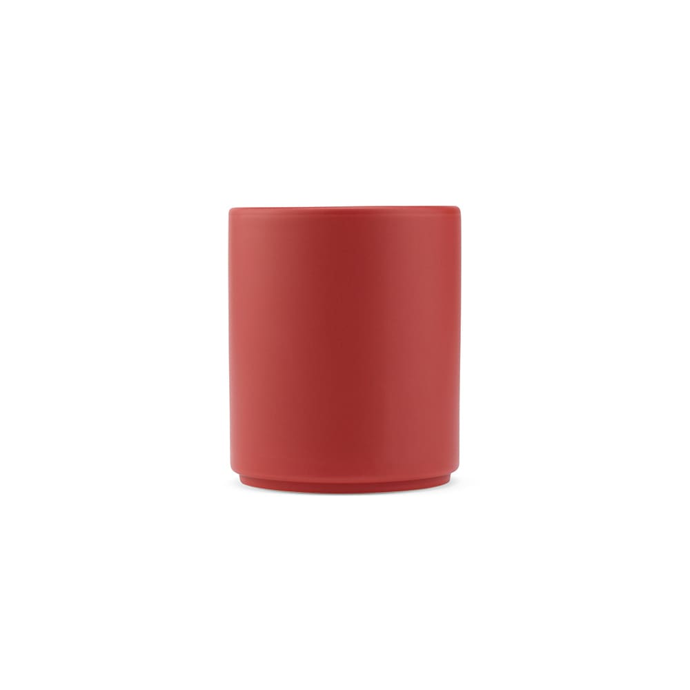 A ceramic mug with a matte finish in a vibrant red colour, holding 240ml, featuring a logo.