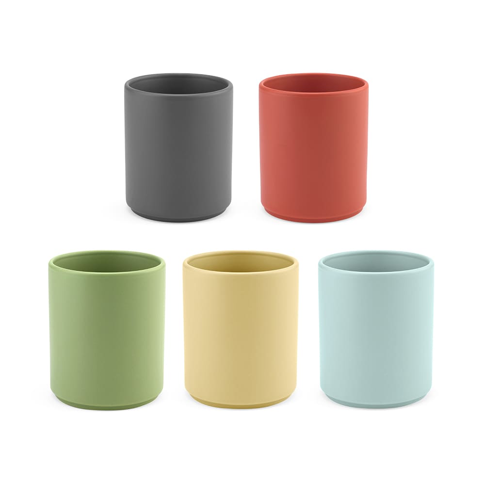 A set of five ceramic mugs in matte finish, featuring grey, red, green, yellow, and blue colours. Each mug has a round shape and a solid colour.