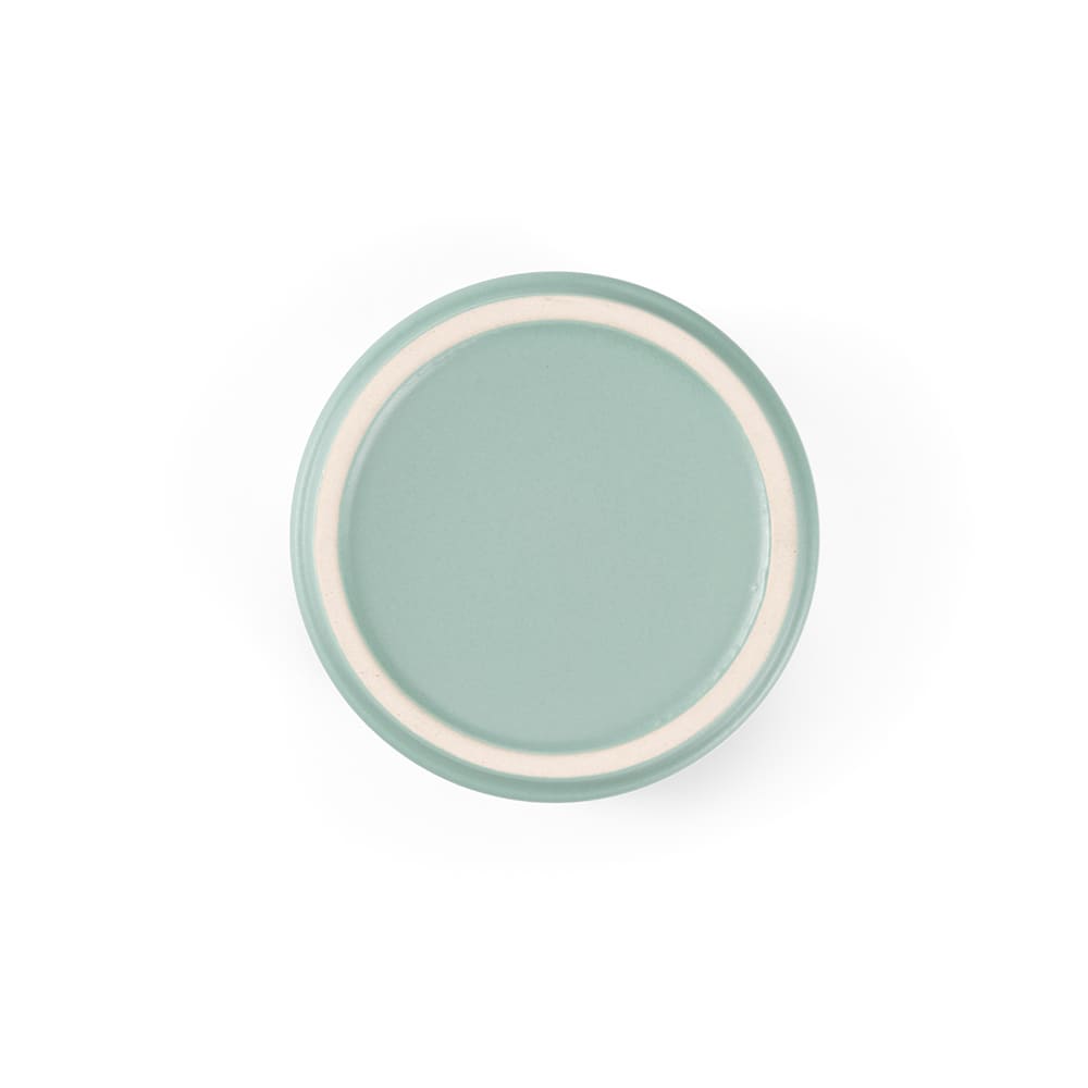 A ceramic plate with a matte finish, featuring a soft teal colour and a contrasting cream rim.