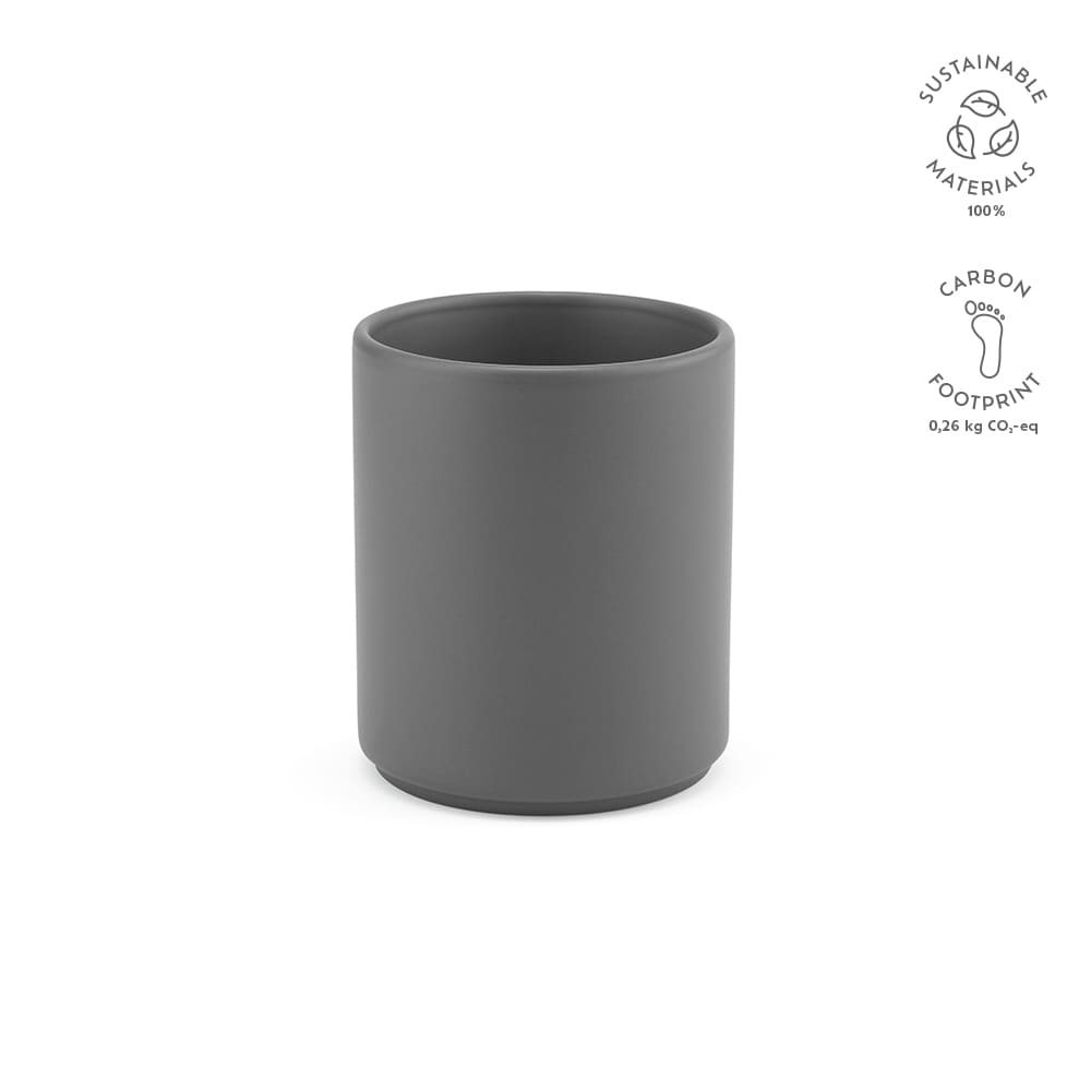 A matte grey ceramic mug with a cylindrical design. Features a logo and is made from sustainable materials.