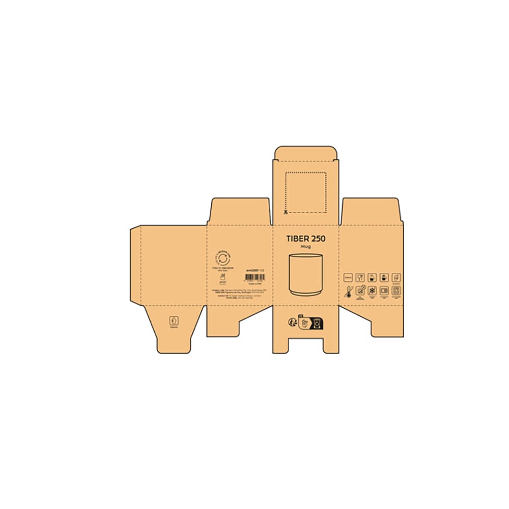 A packaging template for a ceramic mug with a matt finish, featuring a simple design and a logo.