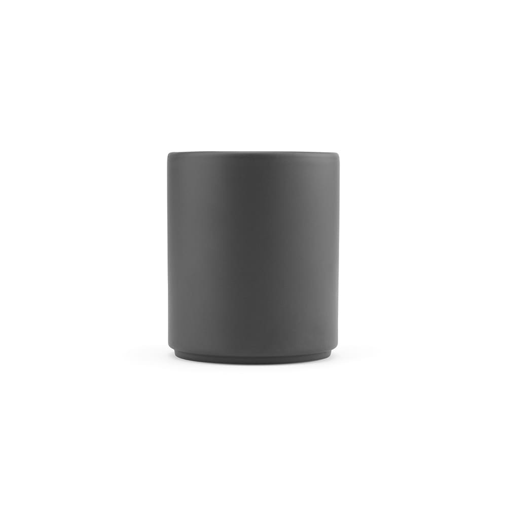 A ceramic mug with a matte finish in a solid dark grey colour, featuring a simple design and a logo.