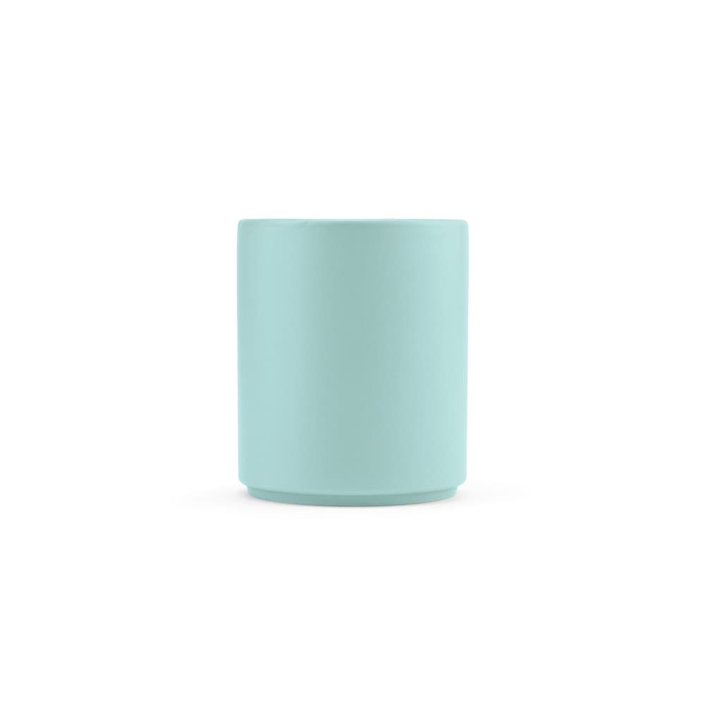 A ceramic mug in a matte finish, featuring a light blue colour and a smooth cylindrical shape.
