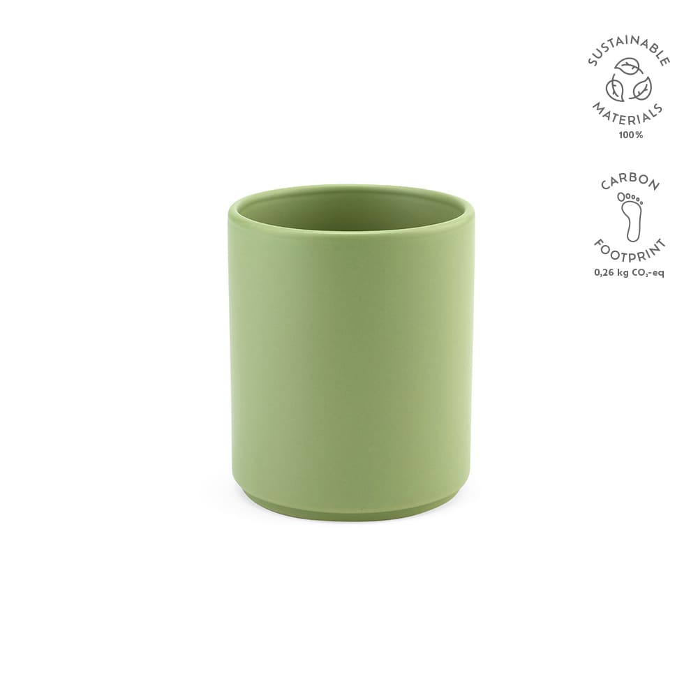 A ceramic mug in a matte green finish, featuring a logo, with a capacity of 240ml.