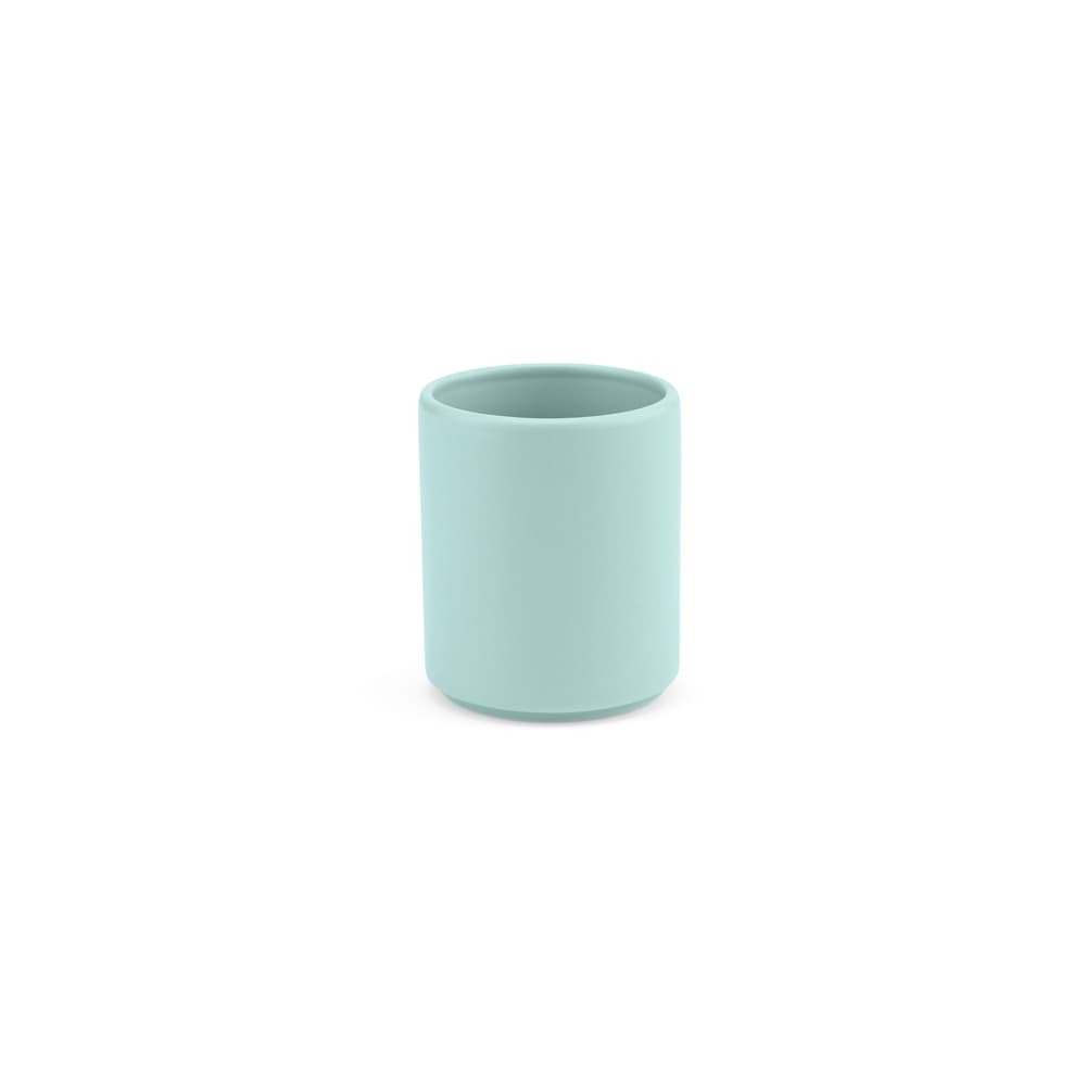 A ceramic mug in a matt finish, featuring a light mint green colour, with a logo on the side.