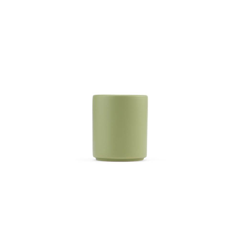 A ceramic mug with a matt finish, featuring a cylindrical shape in a soft green colour. It has a logo on the surface.