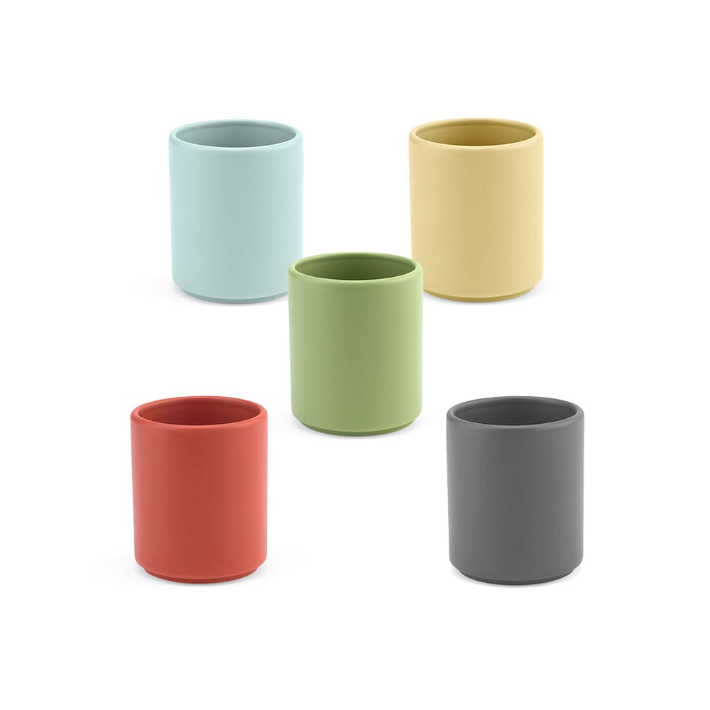A set of five ceramic mugs in pastel colours: light blue, yellow, green, coral, and grey, featuring a matte finish.