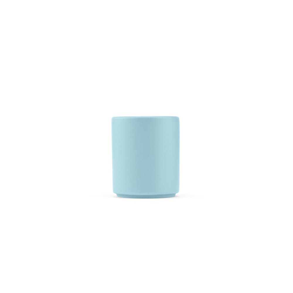 A ceramic mug in a matt finish, featuring a light blue colour. It has a logo but no visible text.