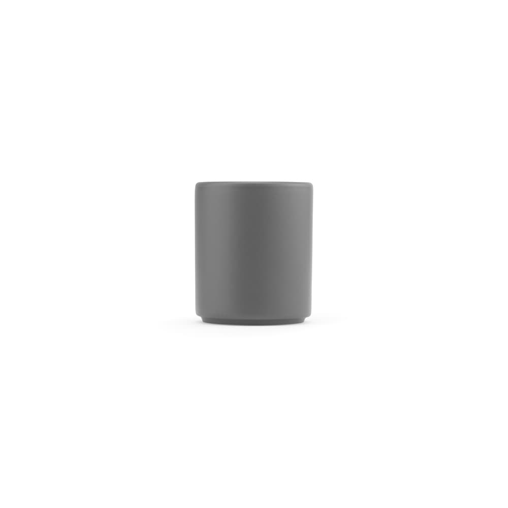 A ceramic mug with a matte finish in grey, featuring a logo on the surface. Holds 75 ml.