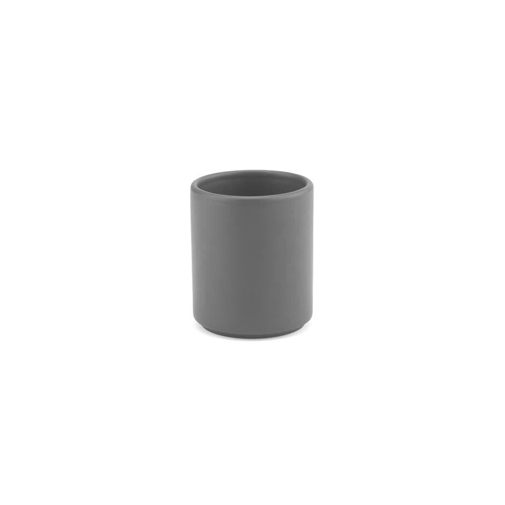 A ceramic mug with a matte finish in grey, holding 75 ml, featuring a simple, stylish design and a logo.