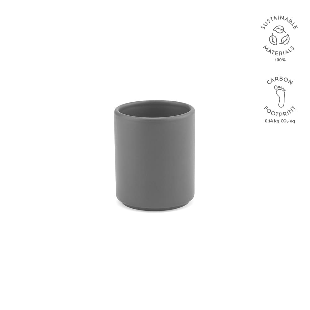 A ceramic mug with a matt finish in a sleek grey colour. It features a logo and details on sustainability.