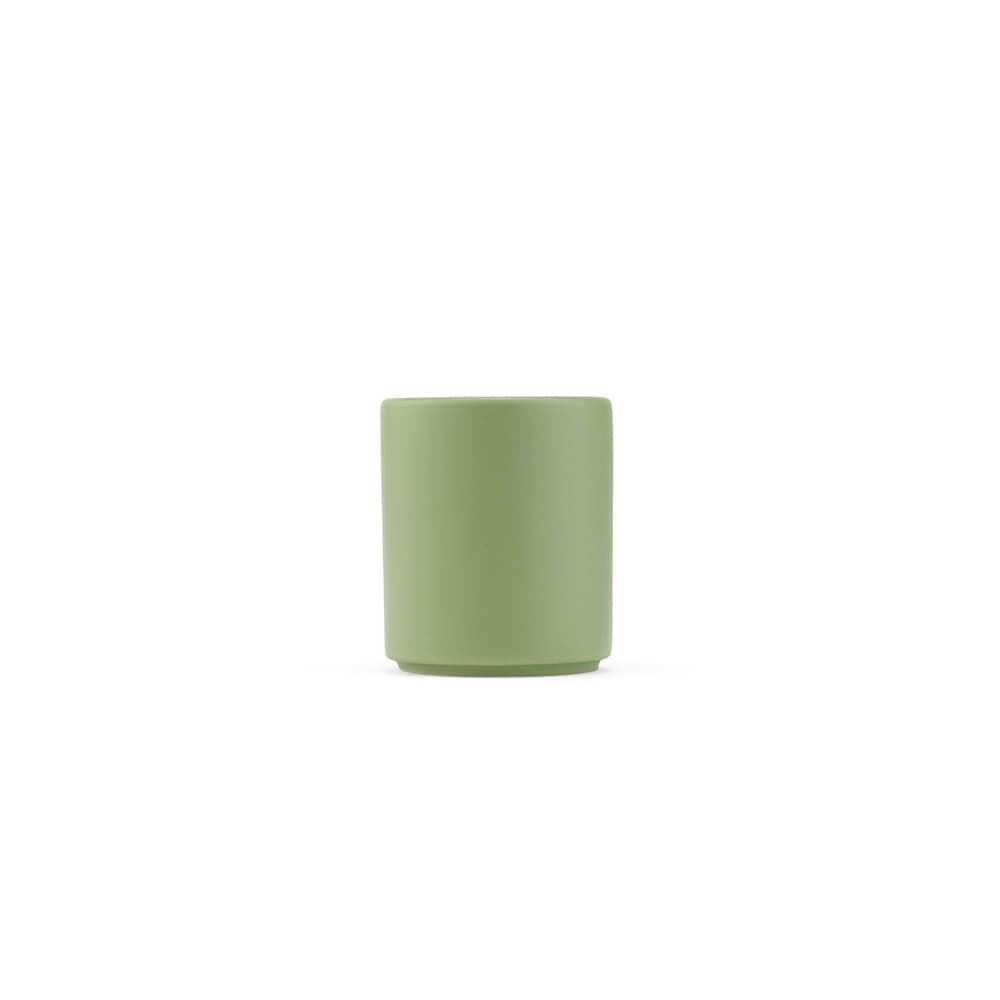 A ceramic mug with a matte finish in a light green colour, featuring a logo. Holds 75 ml.