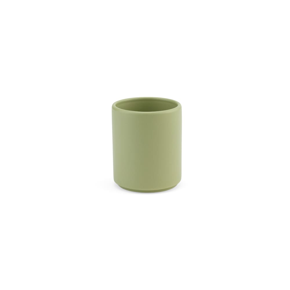 A ceramic mug with a matt finish, featuring a sleek, cylindrical design in a soft green colour.