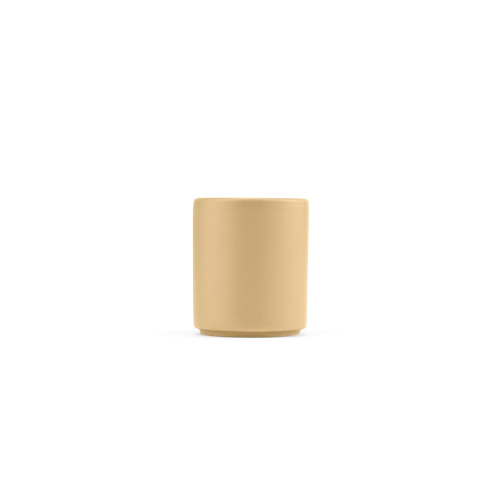 A ceramic mug with a matt finish in a light beige colour, featuring a branding logo. Capacity is 75 ml.