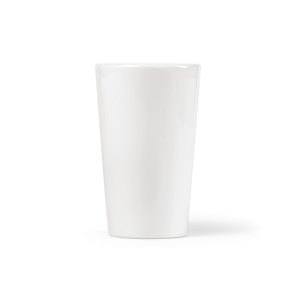 A white ceramic mug with a sleek design and a glossy finish, featuring a branding logo. Capacity is 310ml.