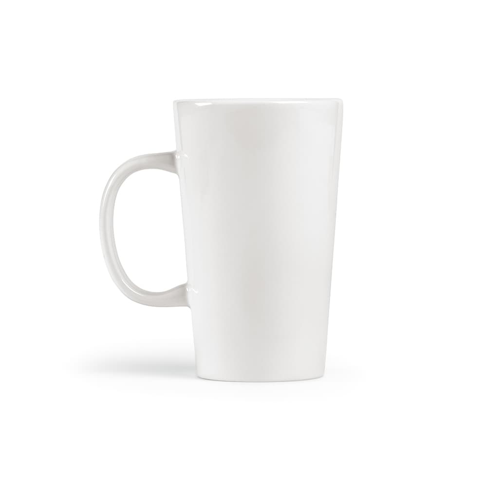 A ceramic mug in a tall, straight design, featuring a white finish and a handle. It has a logo on one side.