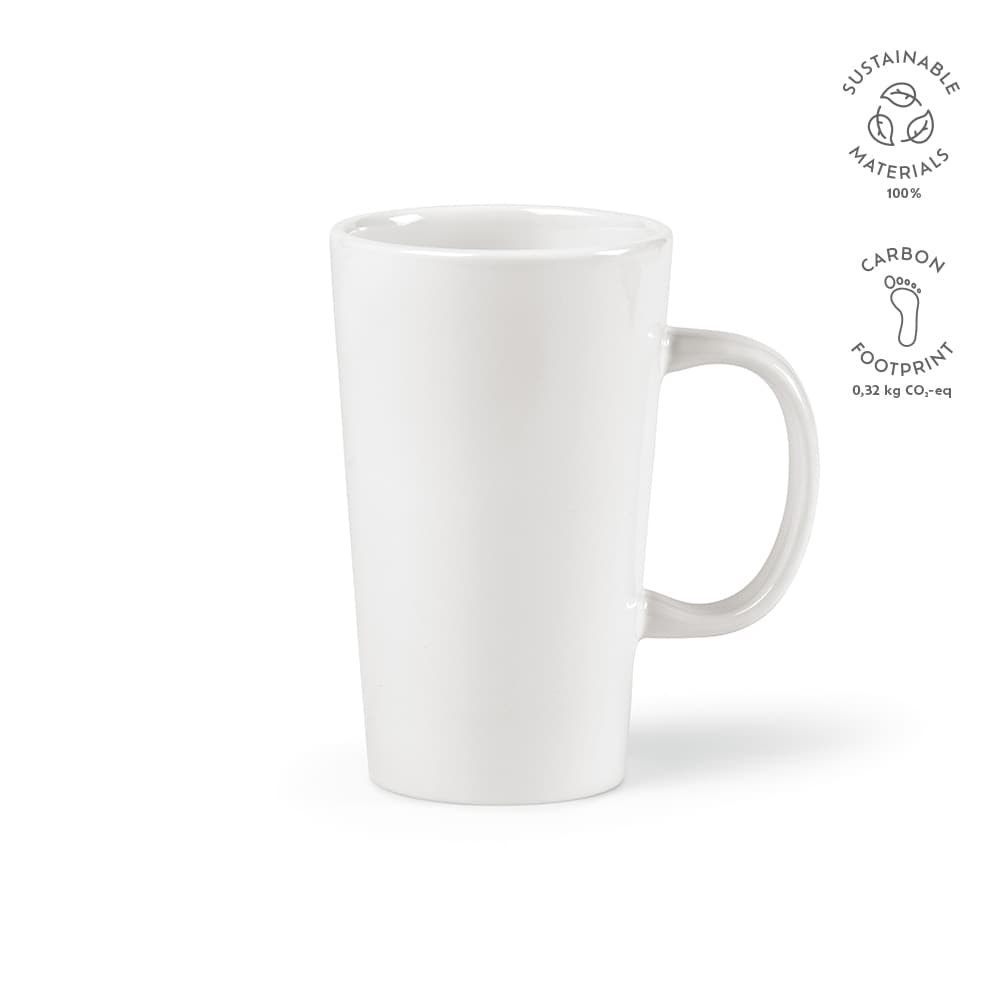 A ceramic mug in white, 310ml capacity, featuring a handle and a logo.